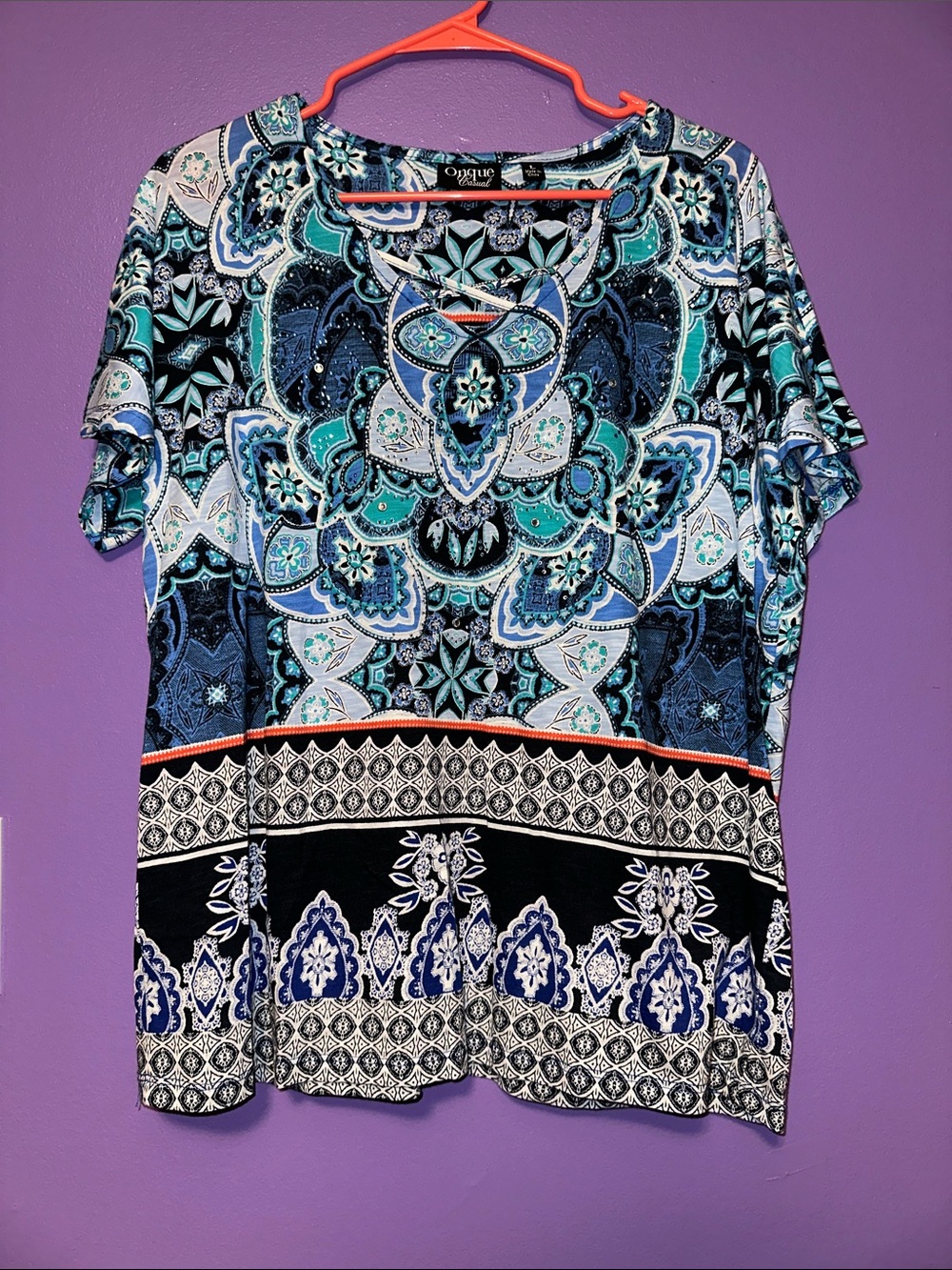 Onque Casuals Teal Blue Black Patterned Short Sleeve Top